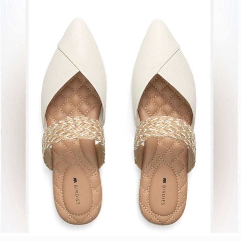 Birdies The Swan Leather Pointed Toe Cream and Tan Slip-On Shoes with Strap